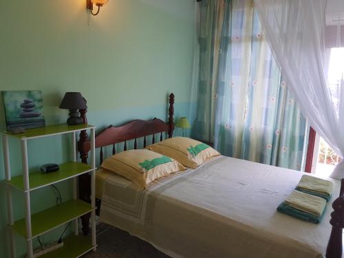 1 dormitorio con cama y ventana en La maison aux Orchidées, en Petit-Bourg