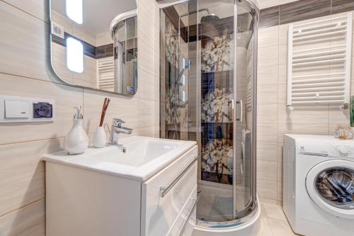 a bathroom with a sink and a washing machine at Nadmorski Szept in Dziwnówek