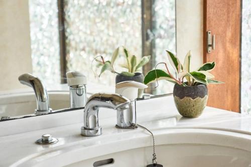 a bathroom sink with two potted plants on a window at Annex Shibuya in Tokyo