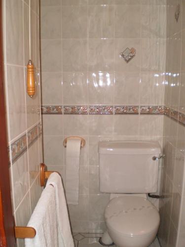 a bathroom with a toilet and towels in it at Shawlee Cottage in Airdrie
