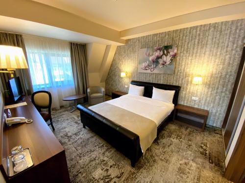 a hotel room with a bed and a desk at Hotel Arnia in Iaşi
