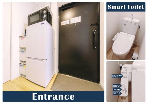 a bathroom with a white refrigerator and a toilet at nestay inn tokyo kagurazaka in Tokyo