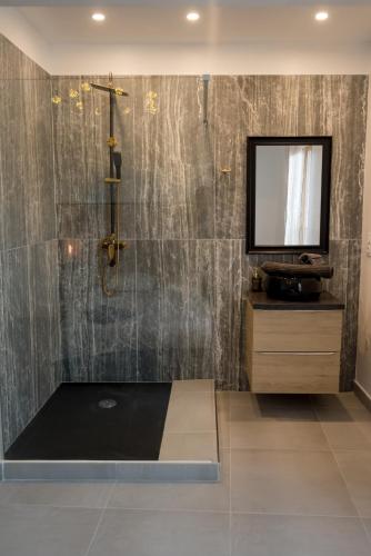 La salle de bains est pourvue d'une douche et d'une télévision murale. dans l'établissement Domaine du Mas du Pont, à Le Crès