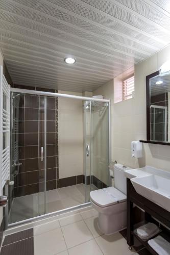 ein Badezimmer mit Dusche, Toilette und Waschbecken in der Unterkunft Troas Beach Hotel in Tavaklı