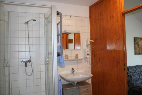 a bathroom with a sink and a shower at Hotel Berg in Höchstädt an der Donau