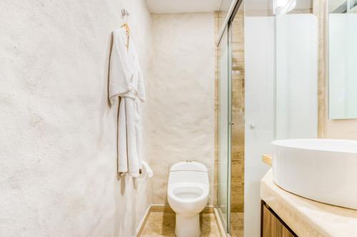 a bathroom with a toilet and a sink at Hotel Milagro, Puebla Centro in Puebla