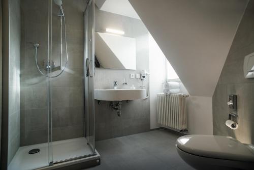 y baño con ducha y lavamanos. en Landhaus Hechtsberg, en Hausach