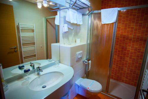 a bathroom with a sink and a shower and a toilet at Hotel Bela Krajina in Metlika