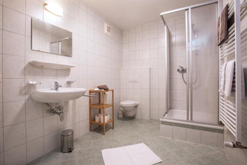 un bagno con lavandino, wc e doccia di Badererhof Christine Wechselberger a Stumm