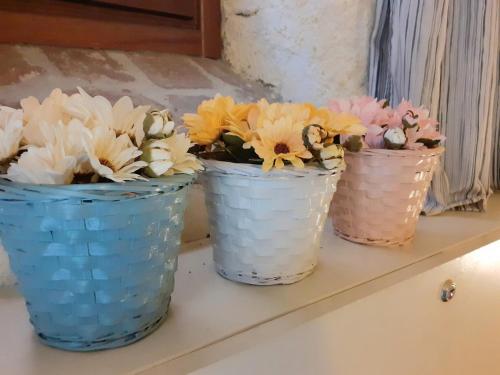 tres cubos azules llenos de flores en un estante en Tavernetta vicino Lago Trasimeno, en Magione