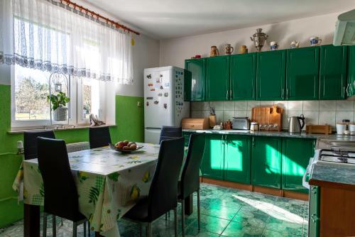 a kitchen with green cabinets and a table with chairs at Agroturystyka Gawryś apartament in Sasino