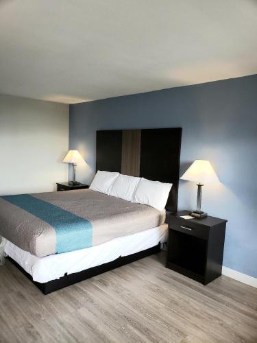 um quarto com uma cama grande e 2 candeeiros em Econo Lodge em Mineral Wells