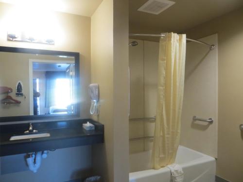 a bathroom with a shower and a sink and a mirror at Garden Inn and Suites in Little Rock