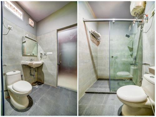 two pictures of a bathroom with a toilet and a shower at Sahastradhara RiverResort in Dehradun