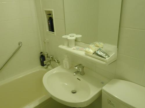 a bathroom with a sink and a toilet and a mirror at City Plaza Osaka in Osaka