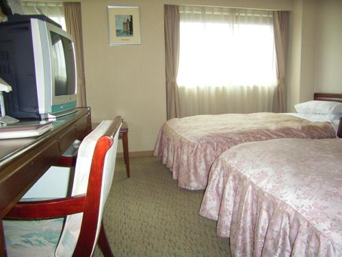 a hotel room with two beds and a television at Hotel Grand Terrace Toyama in Toyama