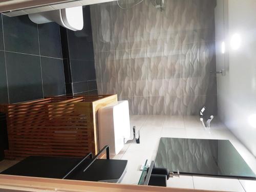 une salle de bain avec un lavabo et un miroir dans l'établissement Charmant appartement style Canut Pentes Croix Rousse, à Lyon