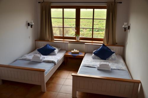 two beds in a room with a window at Hotel Na Statku Mirošov in Mirošov