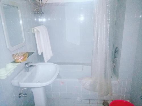 a white bathroom with a sink and a shower at Hotel Swat Regency in Swat