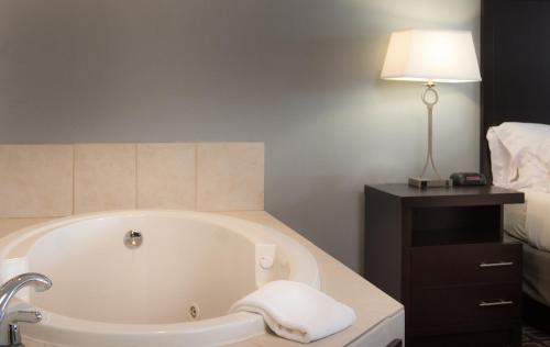 a bathroom with a bath tub with a lamp and a bed at Holiday Inn Express Le Claire Riverfront-Davenport, an IHG Hotel in Le Claire