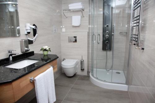 a bathroom with a toilet and a shower and a sink at Oytun Park Hotel in Canakkale