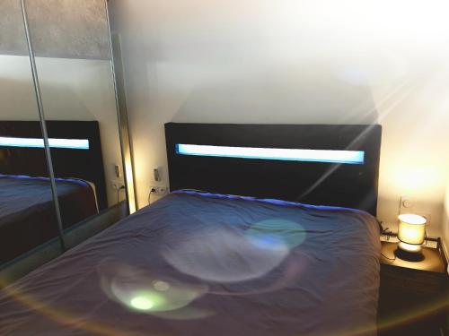 a bedroom with a bed and a mirror at 2Cap d'Agde NATURISTE Grand T2 de standing avec GARAGE privé in Cap d'Agde