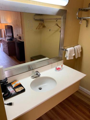 a bathroom with a sink and a large mirror at AmeriVu Inn-Gilbertsville in Gilbertsville