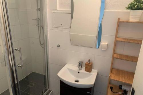 a white bathroom with a sink and a shower at 1 Zi-Whg, Netflix, Wifi, Küche, 15min zum Zentrum in Leipzig