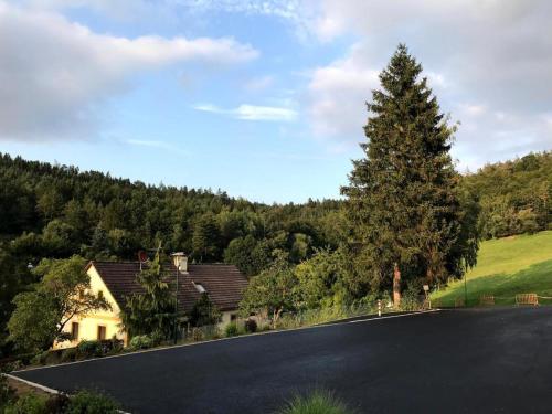 un arbre sur le côté d'une route avec une maison dans l'établissement Ferienhaus Messern, à Messern