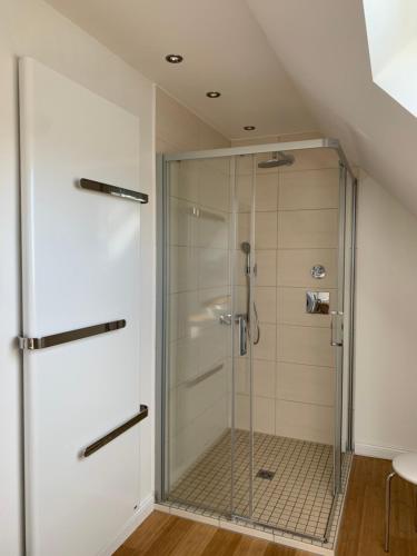 a shower with a glass door in a bathroom at Die Weinsiedelei in Löhne