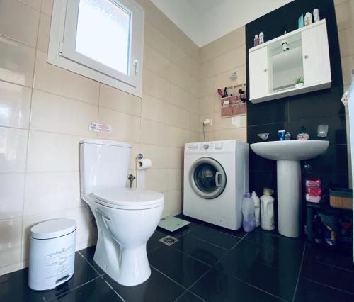 a bathroom with a toilet and a sink and a washing machine at Rosa Bianca in Kanálion