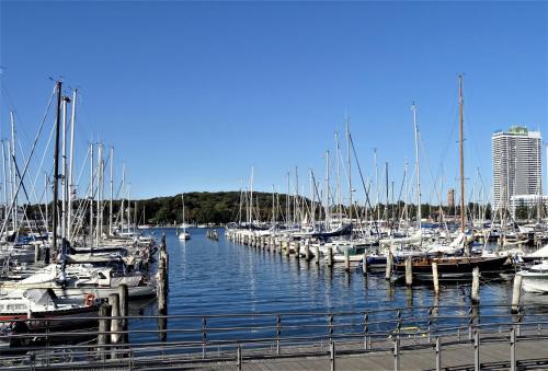 a bunch of boats docked in a marina at Apartments Villa Seeblick Travemünde in Travemünde