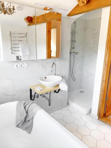 a bathroom with a sink and a shower at Villa Gaida in Saulkrasti
