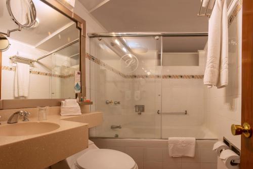 a bathroom with a shower and a toilet and a sink at Lancaster House in Bogotá