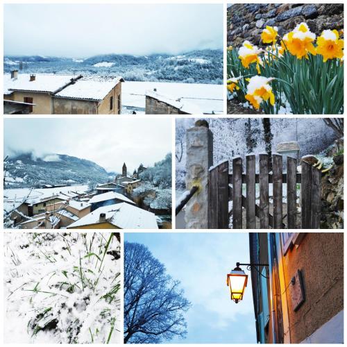 a collage of photos with snow and daffodils at GÎTE LA TANIÈRE DES ALPES in Bayons