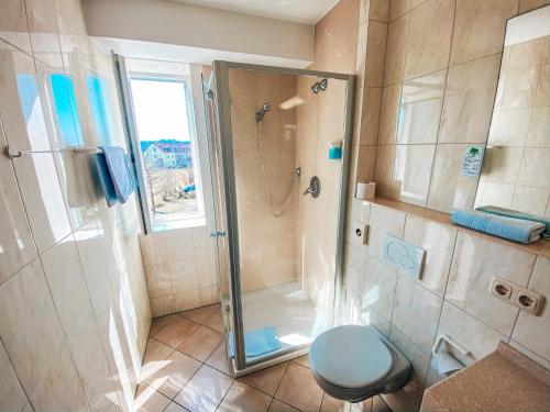 a bathroom with a shower and a toilet in it at Hotel Schwertfirm in Karlsfeld