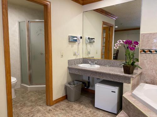 a bathroom with a sink and a toilet and a mirror at Best Inn Rosemead in Rosemead
