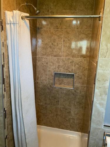 a shower in a bathroom with a shower curtain at Valley Motel in Atwater