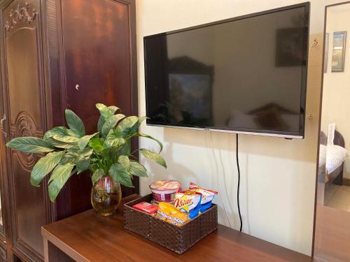 a table with a vase with a plant and a television at Thang Long Hotel in Hanoi