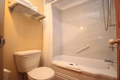 a bathroom with a toilet and a tub and a shower at Motel Grand-Pré Inc in Bonaventure