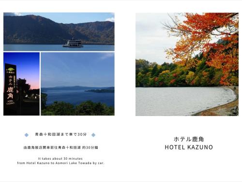 a collage of photos of a lake and a tree at Hotel Kazuno in Kazuno