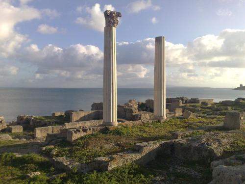 two columns on a hill next to the ocean at Stazzo La Foci soluzioni vista Mare in Aglientu