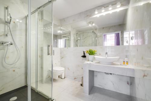 a bathroom with a shower and a sink and a toilet at SAVOY Mariacka Apartments in Katowice