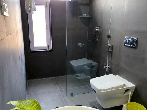 a bathroom with a shower and a toilet and a sink at Kibu Home in Kathmandu
