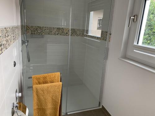 La salle de bains est pourvue d'une douche avec une porte en verre. dans l'établissement Ferienwohnung Susanne, à Bad Krozingen