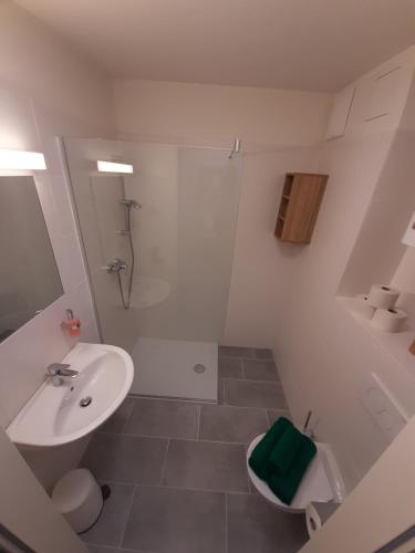 uma casa de banho com um lavatório, um WC e um chuveiro em Office Base Bad Vöslau MOTEL em Bad Vöslau