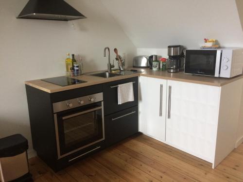 une petite cuisine avec un évier et un micro-ondes dans l'établissement Villa la Korrigane vue mer cuisine privée, à Étables