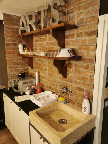 a kitchen with a brick wall and a sink at Sweet home San Filippo Industry Style in centro città in Biella