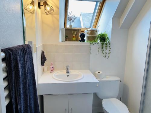 uma casa de banho com um lavatório, um WC e uma janela. em Voile et Plage, Villa 3 étoiles à La Trinité sur Mer em La Trinité-sur-Mer
