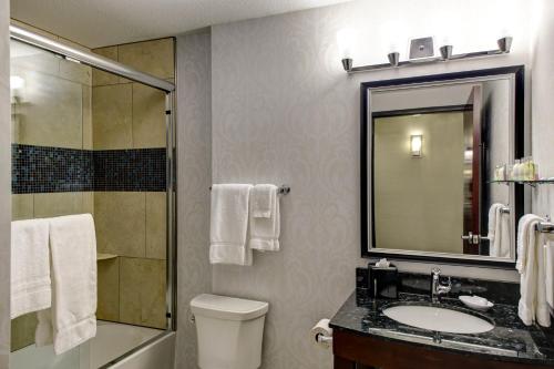 a bathroom with a toilet and a sink and a shower at The Hotel by Gold Dust in Deadwood